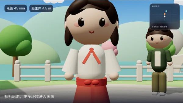 相机后退，主体变小，周围环境逐渐展开
