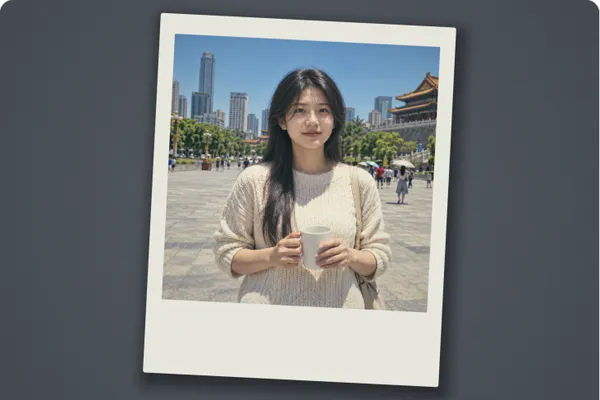 方形照片装在下边特别宽的白色相纸里，颜色发灰偏黄