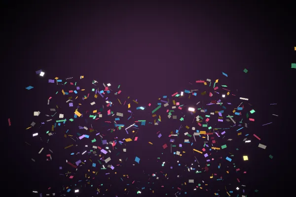 彩纸喷出后翻转飘落，形成轻盈的庆祝效果