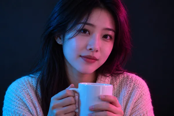两盏不同颜色的灯从两侧照来，脸一边偏品红、一边偏青蓝