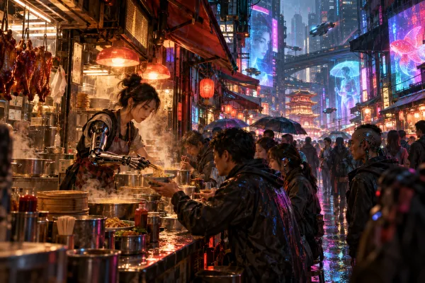 先进技术与拥挤破旧的日常并置，城市和身体都留下技术痕迹